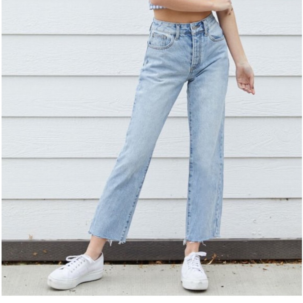 J.Galt High Rise Button Fly Raw Hem Crop Mom Denim Jeans